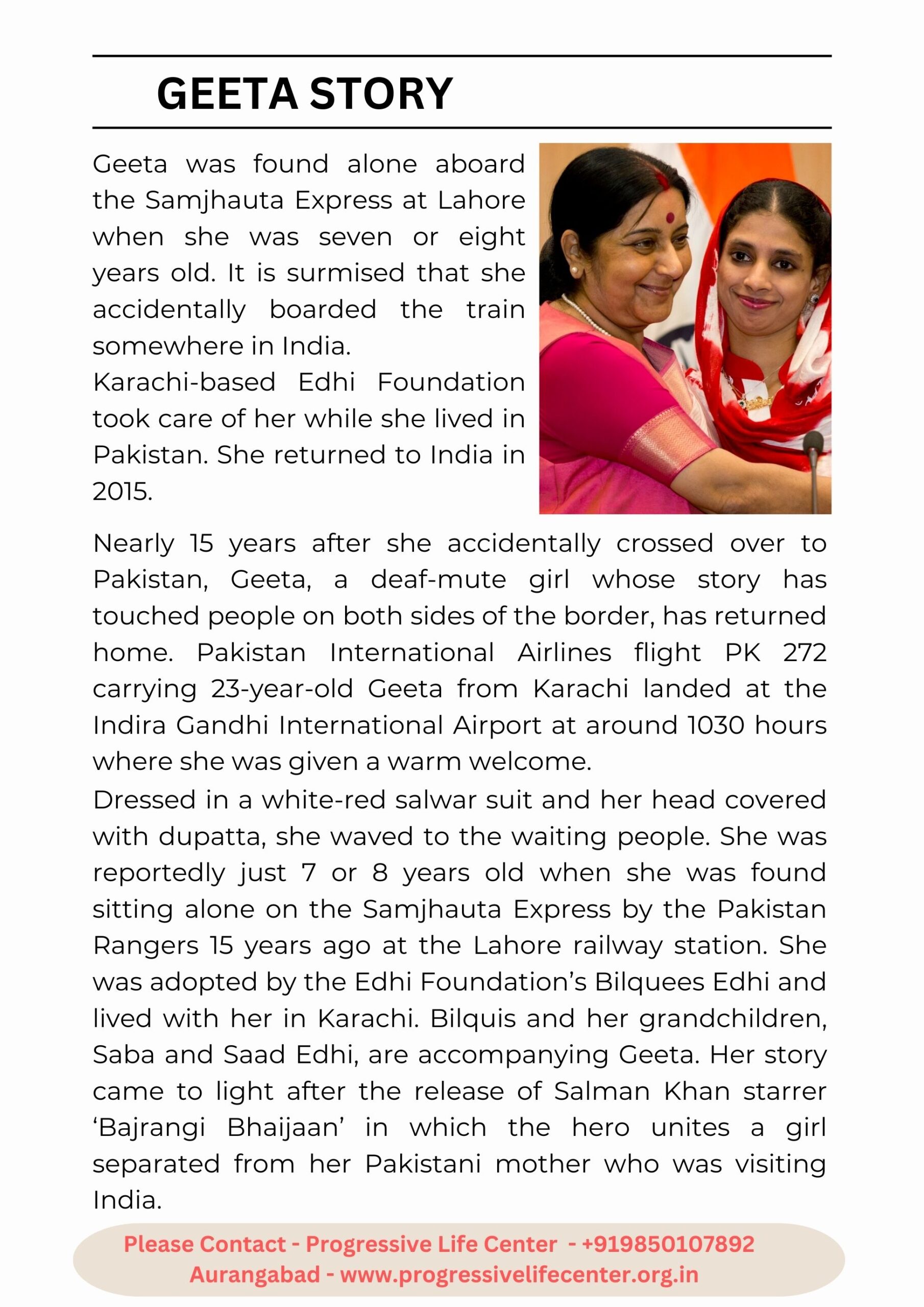 Visual story page about Geeta and Progressive Life Center